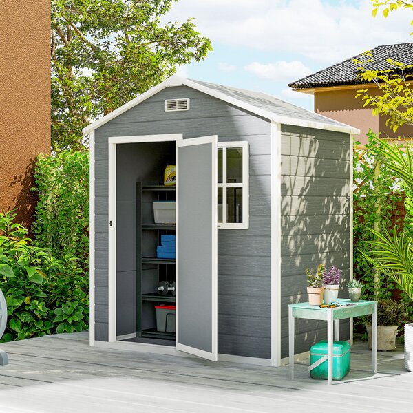 Outsunny 6 x 4ft Outdoor Shed with Foundation, Lockable Door, Vents, Windows, Plastic Shed for Tool Storage, Grey Aosom UK