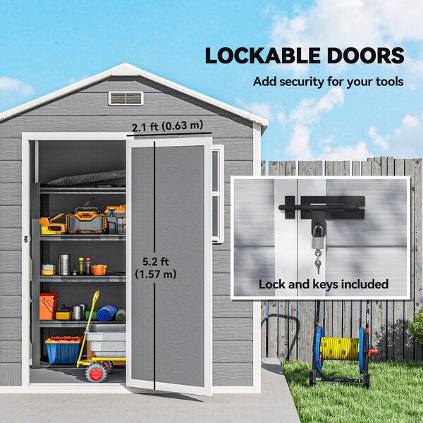 Outsunny 6 x 4ft Outdoor Shed with Foundation, Lockable Door, Vents, Windows, Plastic Shed for Tool Storage, Grey Aosom UK
