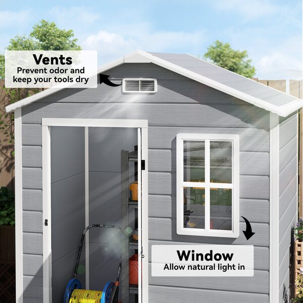 Outsunny 6 x 4ft Outdoor Shed with Foundation, Lockable Door, Vents, Windows, Plastic Shed for Tool Storage, Grey Aosom UK