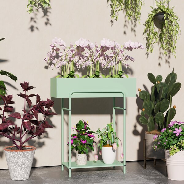 Outsunny 2 Tier Plant Stand, Metal Plant Rack Shelf with Drain Holes, Floor-standing Flower Pot Stand for Indoor Outdoor, Green
