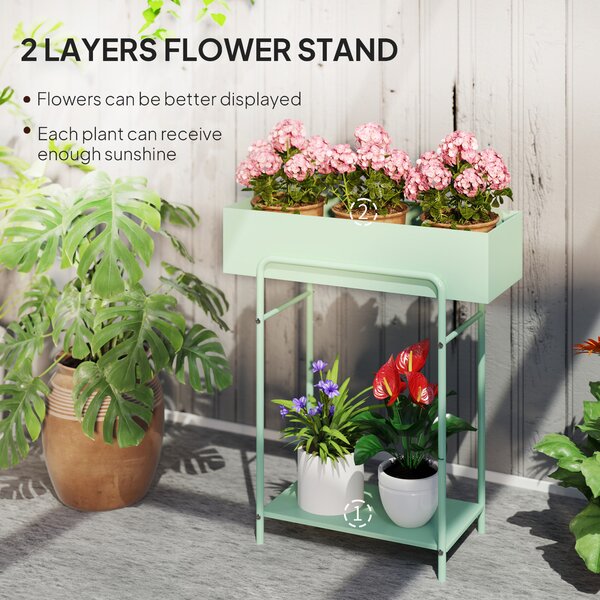 Outsunny 2 Tier Plant Stand, Metal Plant Rack Shelf with Drain Holes, Floor-standing Flower Pot Stand for Indoor Outdoor, Green