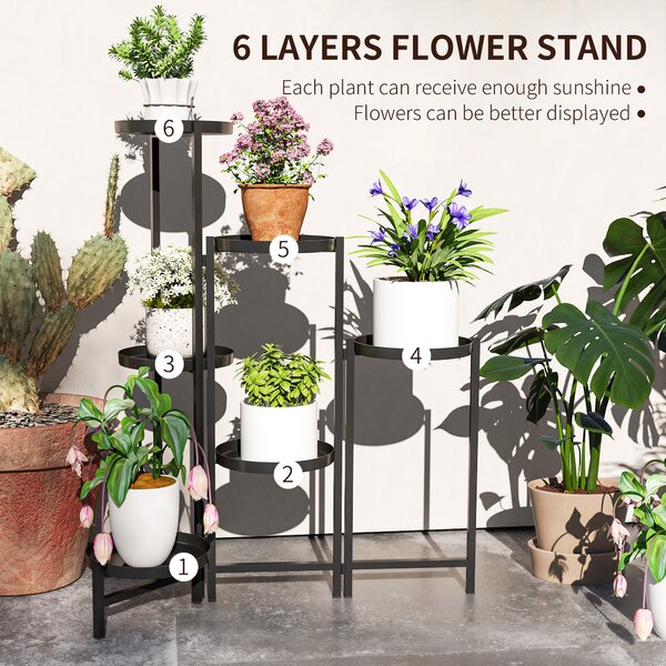 Outsunny 3 Tier Plant Stand Indoor Outdoor, Foldable Corner Plant Stands for Multiple Plants for Patio Garden Balcony Living Room, Black