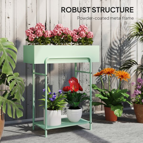 Outsunny 2 Tier Plant Stand, Metal Plant Rack Shelf with Drain Holes, Floor-standing Flower Pot Stand for Indoor Outdoor, Green