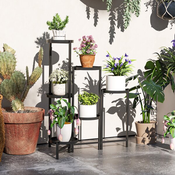 Outsunny 3 Tier Plant Stand Indoor Outdoor, Foldable Corner Plant Stands for Multiple Plants for Patio Garden Balcony Living Room, Black