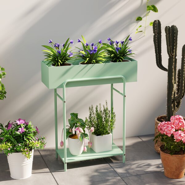 Outsunny 2 Tier Plant Stand, Metal Plant Rack Shelf with Drain Holes, Floor-standing Flower Pot Stand for Indoor Outdoor, Green