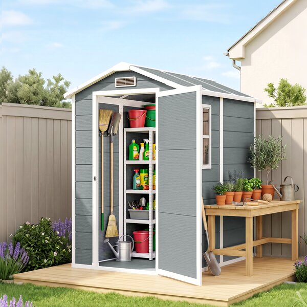 Outsunny 4x6ft Outdoor Storage Shed with Built-In Floor, Lockable Door, Windows & Vents for Garden Tools, Grey Aosom UK