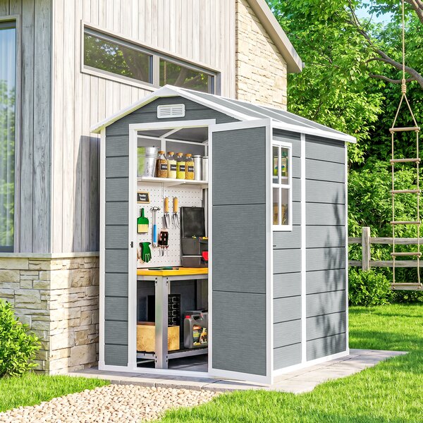 Outsunny 4x6ft Outdoor Storage Shed with Built-In Floor, Lockable Door, Windows & Vents for Garden Tools, Grey Aosom UK