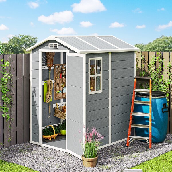 Outsunny 4x6ft Outdoor Storage Shed with Built-In Floor, Lockable Door, Windows & Vents for Garden Tools, Grey Aosom UK