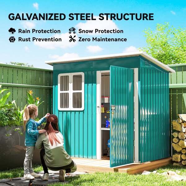 Outsunny 7 x 4ft Outdoor Storage Shed with Galvanised Frame, Window, Lockable Door and Air Vents for Patio Furniture, Green Aosom UK