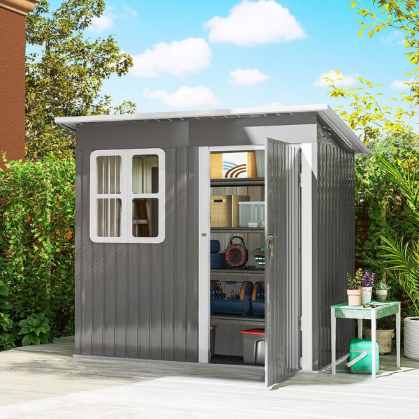 Outsunny 7 x 4ft Eco-friendly Garden Storage Shed with Galvanised Frame, Window, Lockable Door and Air Vents for Patio, Dark Grey Aosom UK