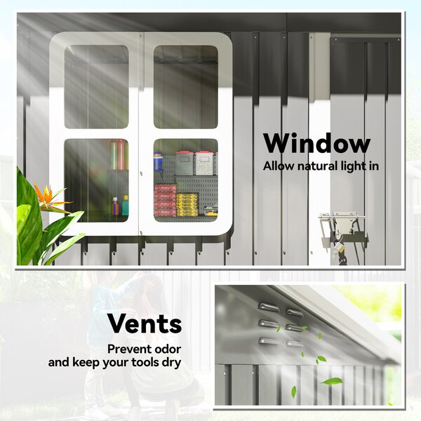 Outsunny 7 x 4ft Eco-friendly Garden Storage Shed with Galvanised Frame, Window, Lockable Door and Air Vents for Patio, Dark Grey Aosom UK