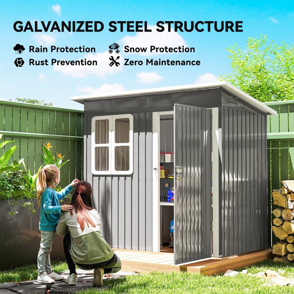Outsunny 7 x 4ft Eco-friendly Garden Storage Shed with Galvanised Frame, Window, Lockable Door and Air Vents for Patio, Dark Grey Aosom UK