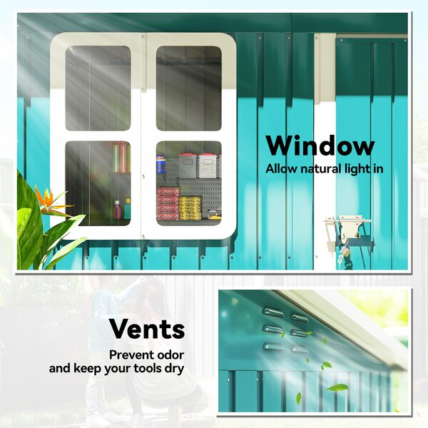 Outsunny 7 x 4ft Outdoor Storage Shed with Galvanised Frame, Window, Lockable Door and Air Vents for Patio Furniture, Green Aosom UK