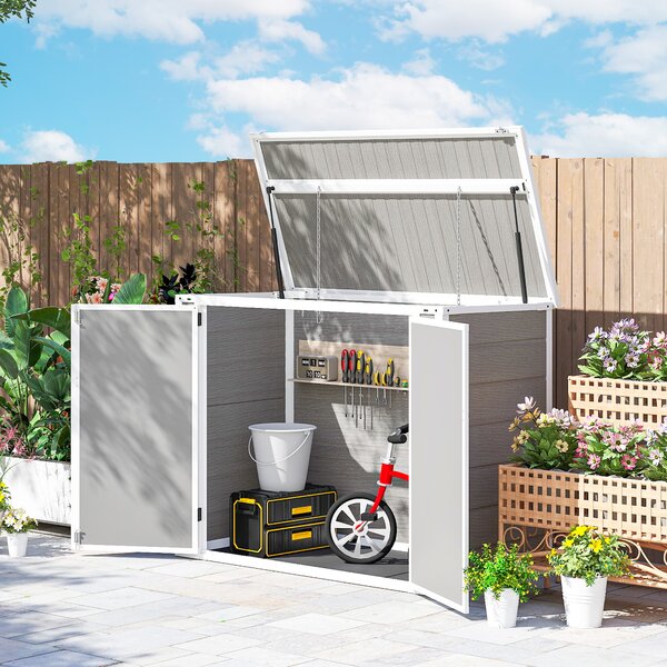 Outsunny 4.7 x 2.5FT Garden Shed, Lockable Outdoor Storage Shed with Openable Lid, Small Shed for 2 Trash Cans, Tools, Patio, Light Grey