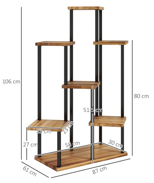 Outsunny 7 Tier Plant Stand Indoor Outdoor, Tiered Corner Steel Wood Plant Shelf for Multiple Plants, Tall Flower Stand Display Rack for Garden Patio Balcony Living Room, Carbonised Finish