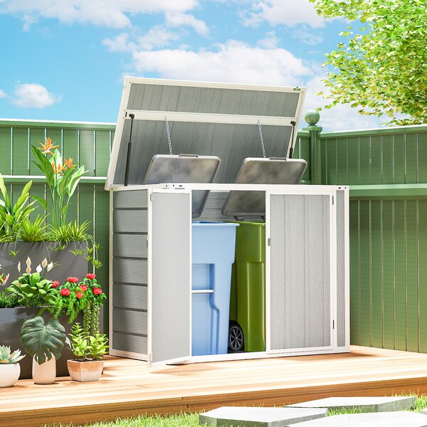 Outsunny 4.7 x 2.5FT Garden Shed, Lockable Outdoor Storage Shed with Openable Lid, Small Shed for 2 Trash Cans, Tools, Patio, Light Grey
