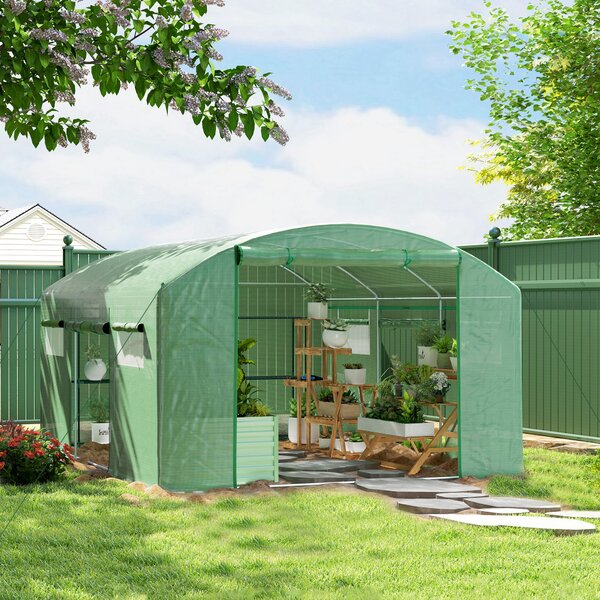 Outsunny 13 x 9.8ft Walk-in Greenhouse, Heavy Duty Polytunnel with Steel Frame, Light-Resist & Windproof Cover, Green Aosom UK