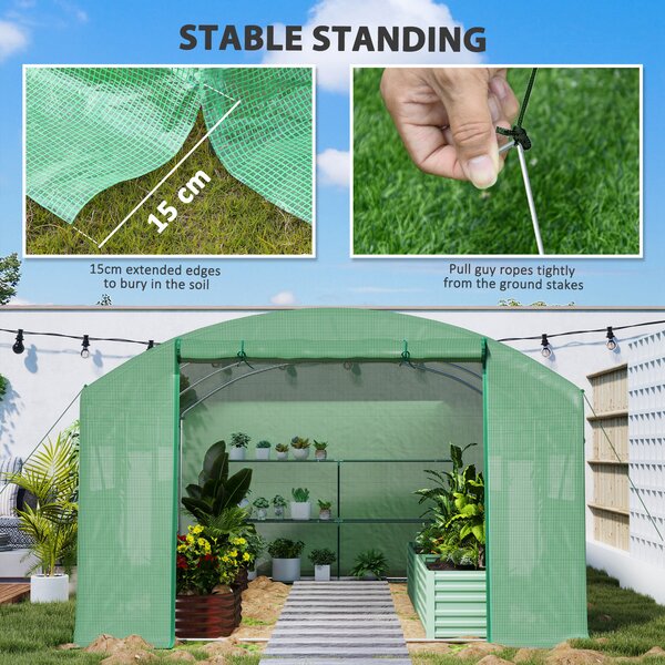 Outsunny 13 x 9.8ft Walk-in Greenhouse, Heavy Duty Polytunnel with Steel Frame, Light-Resist & Windproof Cover, Green Aosom UK