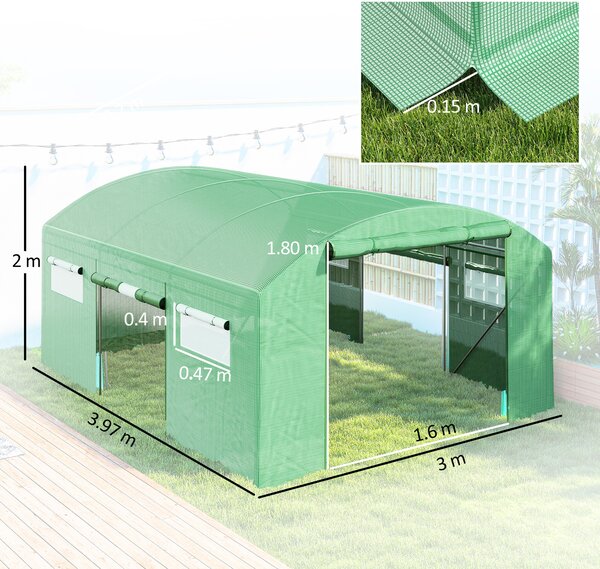 Outsunny 13 x 9.8ft Walk-in Greenhouse, Heavy Duty Polytunnel with Steel Frame, Light-Resist & Windproof Cover, Green Aosom UK