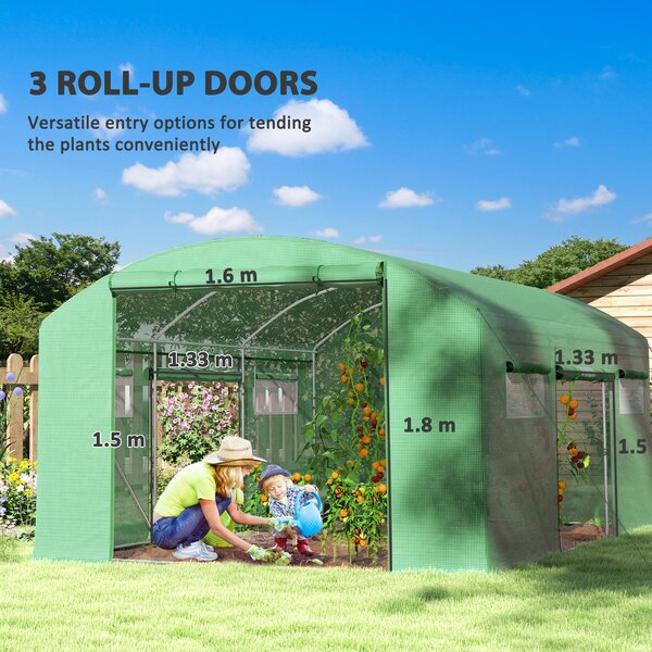 Outsunny 13 x 9.8ft Walk-in Greenhouse, Heavy Duty Polytunnel with Steel Frame, Light-Resist & Windproof Cover, Green Aosom UK