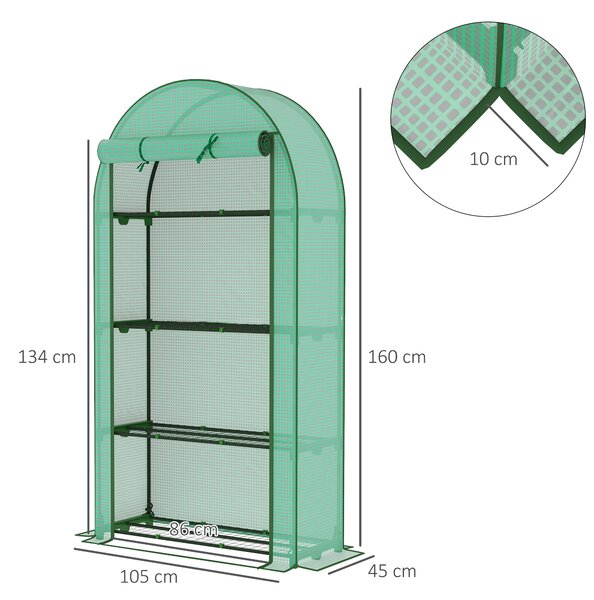 Outsunny 4 Tier Mini Greenhouse with Reinforced PE Cover, Portable Small Greenhouse with Roll-Up Door, 105 x 45 x 160cm, Green