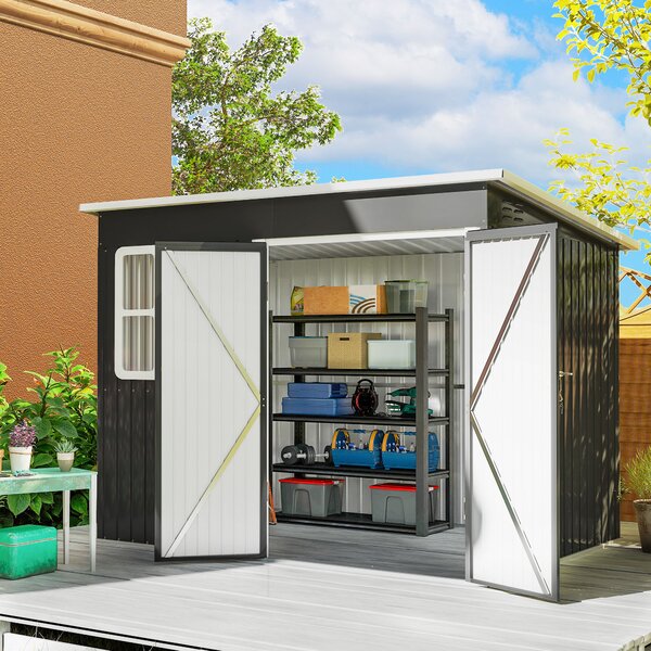 Outsunny 8.5 x 6ft Garden Storage Shed with Galvanised Frame, Window, Lockable Doors & Air Vents for Tools, Dark Grey Aosom UK