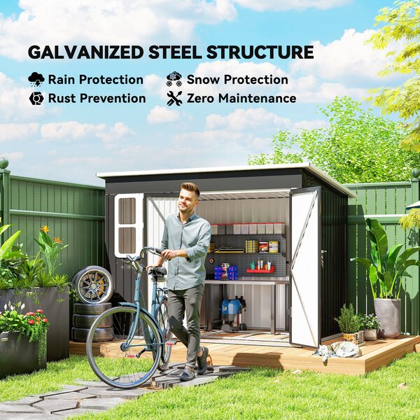 Outsunny 8.5 x 6ft Garden Storage Shed with Galvanised Frame, Window, Lockable Doors & Air Vents for Tools, Dark Grey Aosom UK