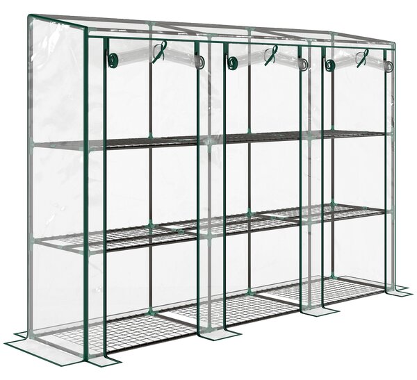 Outsunny 3 Tier Lean-to Mini Greenhouse with Reinforced Plastic Cover, Portable Small Greenhouse with 3 Roll-Up Doors, 215 x 46 x 151cm, Clear