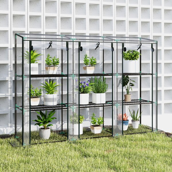 Outsunny 3 Tier Lean-to Mini Greenhouse with Reinforced Plastic Cover, Portable Small Greenhouse with 3 Roll-Up Doors, 215 x 46 x 151cm, Clear