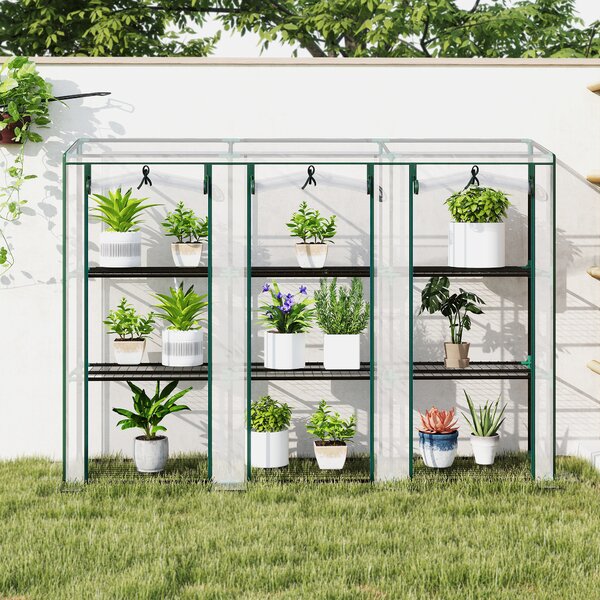 Outsunny 3 Tier Lean-to Mini Greenhouse with Reinforced Plastic Cover, Portable Small Greenhouse with 3 Roll-Up Doors, 215 x 46 x 151cm, Clear