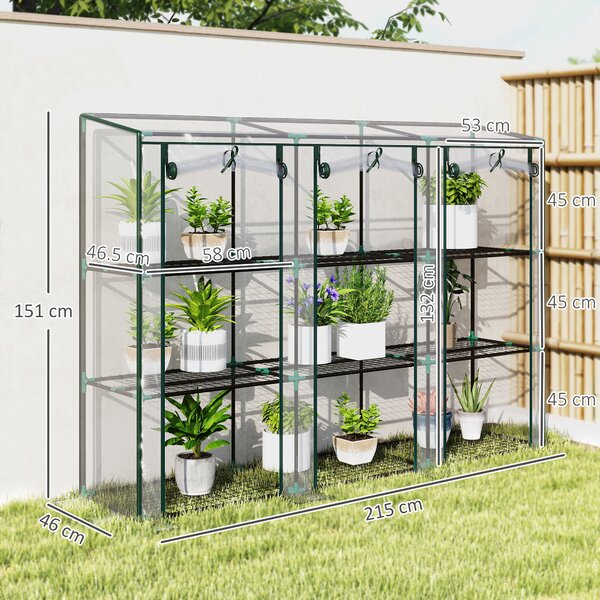 Outsunny 3 Tier Lean-to Mini Greenhouse with Reinforced Plastic Cover, Portable Small Greenhouse with 3 Roll-Up Doors, 215 x 46 x 151cm, Clear