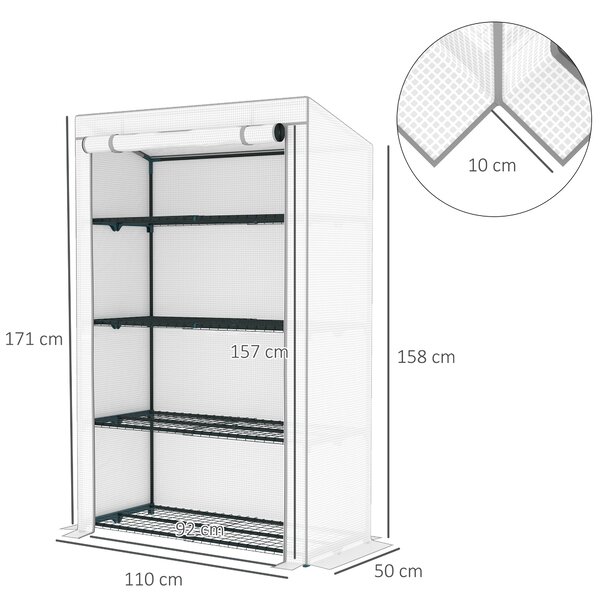 Outsunny 4 Tier Lean-to Mini Greenhouse with Reinforced PE Cover, Portable Small Greenhouse with Roll-Up Door, 110 x 50 x 171cm, Grey