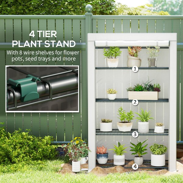 Outsunny 4 Tier Lean-to Mini Greenhouse with Reinforced PE Cover, Portable Small Greenhouse with Roll-Up Door, 110 x 50 x 171cm, Grey