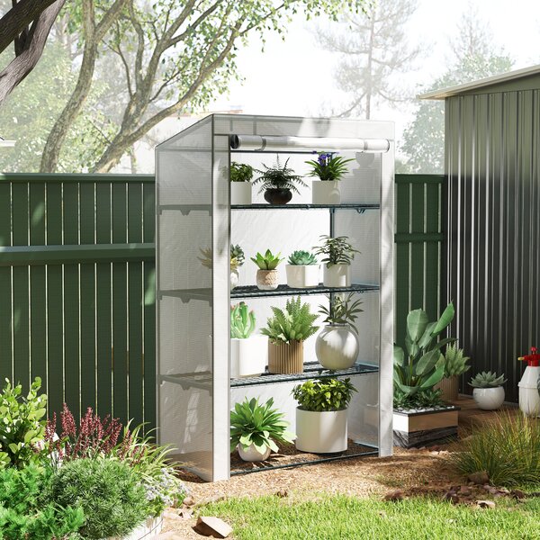 Outsunny 4 Tier Lean-to Mini Greenhouse with Reinforced PE Cover, Portable Small Greenhouse with Roll-Up Door, 110 x 50 x 171cm, Grey