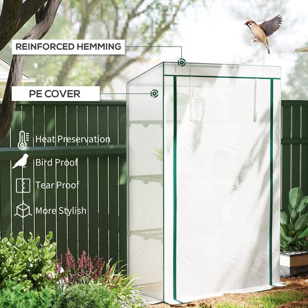 Outsunny 4 Tier Lean-to Mini Greenhouse with Reinforced PE Cover, Portable Small Greenhouse with Roll-Up Door, 110 x 50 x 171cm, Green