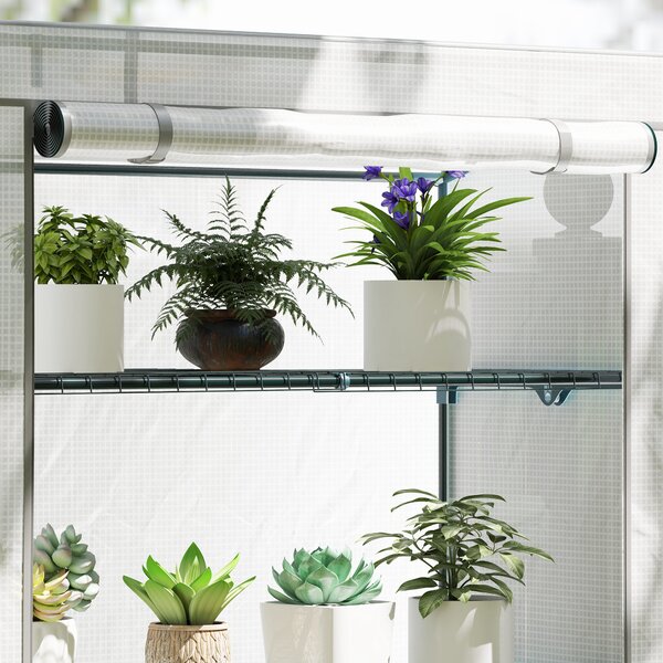 Outsunny 4 Tier Lean-to Mini Greenhouse with Reinforced PE Cover, Portable Small Greenhouse with Roll-Up Door, 110 x 50 x 171cm, Grey