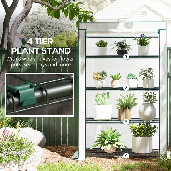 Outsunny 4 Tier Lean-to Mini Greenhouse with Reinforced PE Cover, Portable Small Greenhouse with Roll-Up Door, 110 x 50 x 171cm, Green