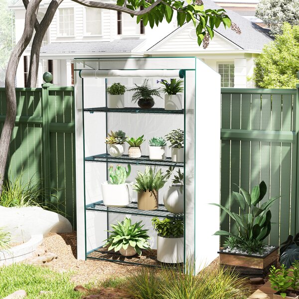 Outsunny 4 Tier Lean-to Mini Greenhouse with Reinforced PE Cover, Portable Small Greenhouse with Roll-Up Door, 110 x 50 x 171cm, Green