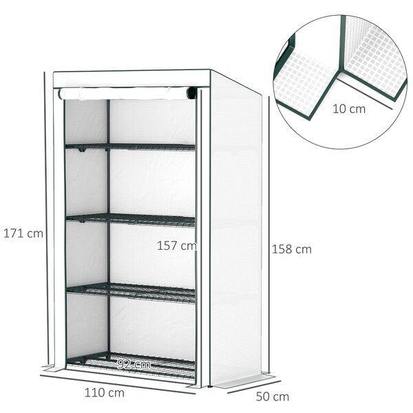 Outsunny 4 Tier Lean-to Mini Greenhouse with Reinforced PE Cover, Portable Small Greenhouse with Roll-Up Door, 110 x 50 x 171cm, Green