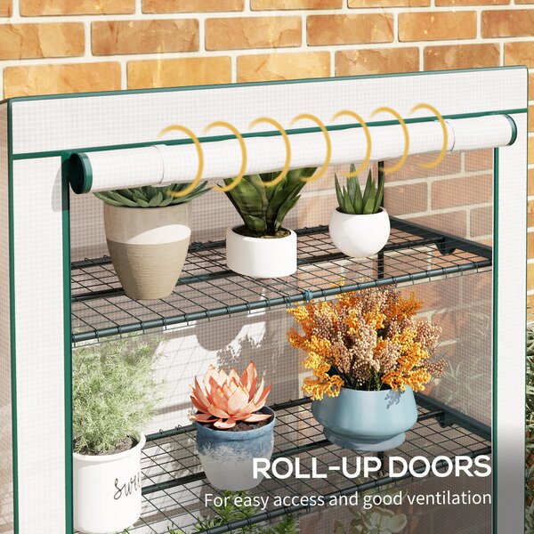 Outsunny 4 Tier Lean-to Mini Greenhouse with Reinforced PE Cover, Portable Small Greenhouse with Roll-Up Door, 110 x 50 x 171cm, Green