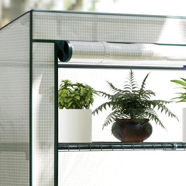 Outsunny 4 Tier Lean-to Mini Greenhouse with Reinforced PE Cover, Portable Small Greenhouse with Roll-Up Door, 110 x 50 x 171cm, Green