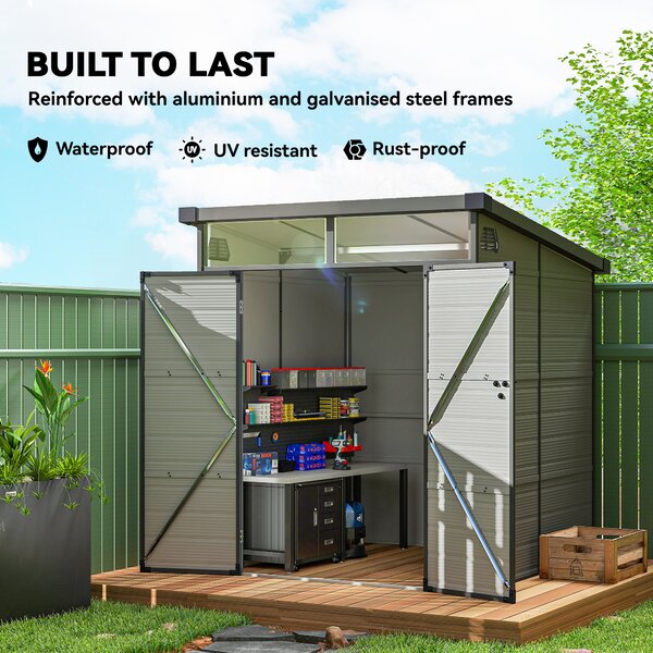 Outsunny 6 x 6ft Outdoor Garden Shed with Latch Doors, Windows and Air Vents, Resin Tool Shed for Garden & Patio, Light Grey Aosom UK