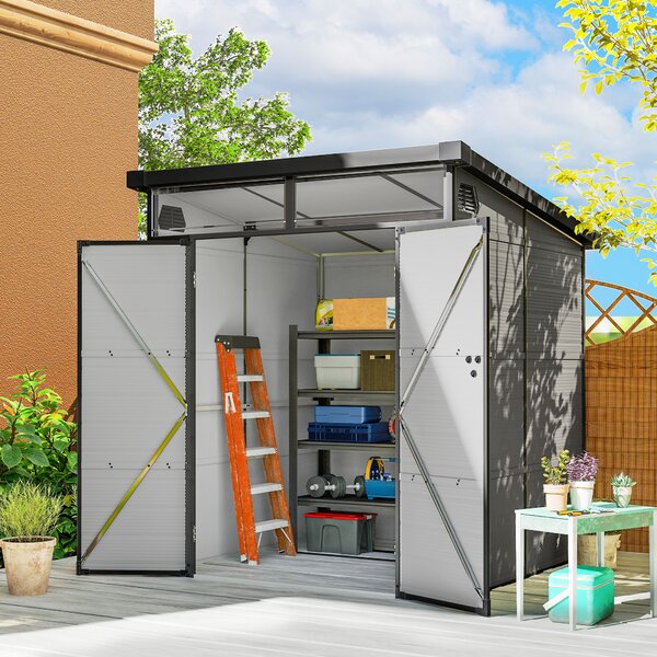 Outsunny 6 x 6ft Outdoor Garden Shed with Latch Doors, Windows and Air Vents, Resin Tool Shed for Garden & Patio, Light Grey Aosom UK