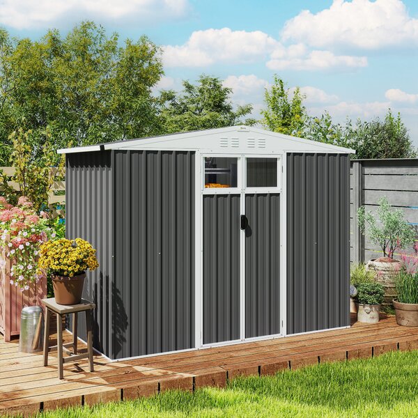 Outsunny 8 x 4 ft Metal Garden Shed, Garden Storage Shed with Window, 4 Vents and Lockable Door, Waterproof Galvanised Steel Tool Storage Shed, Dark Grey