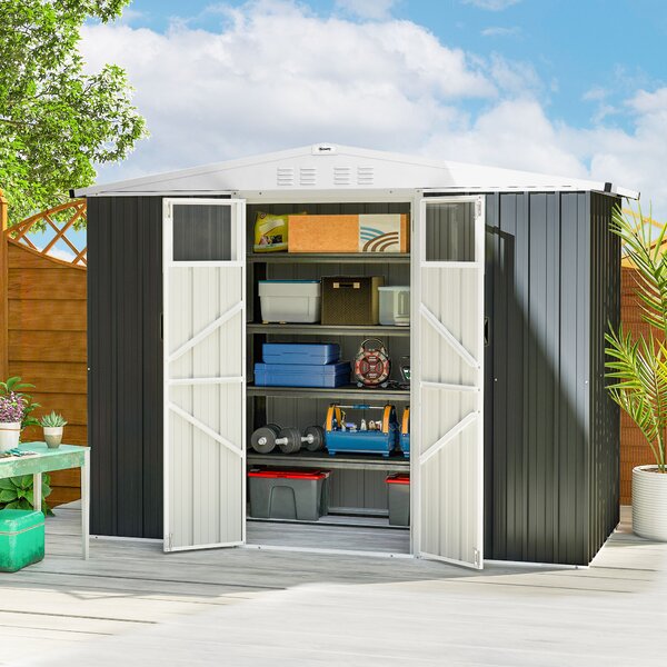 Outsunny 8 x 4 ft Metal Garden Shed, Garden Storage Shed with Window, 4 Vents and Lockable Door, Waterproof Galvanised Steel Tool Storage Shed, Dark Grey