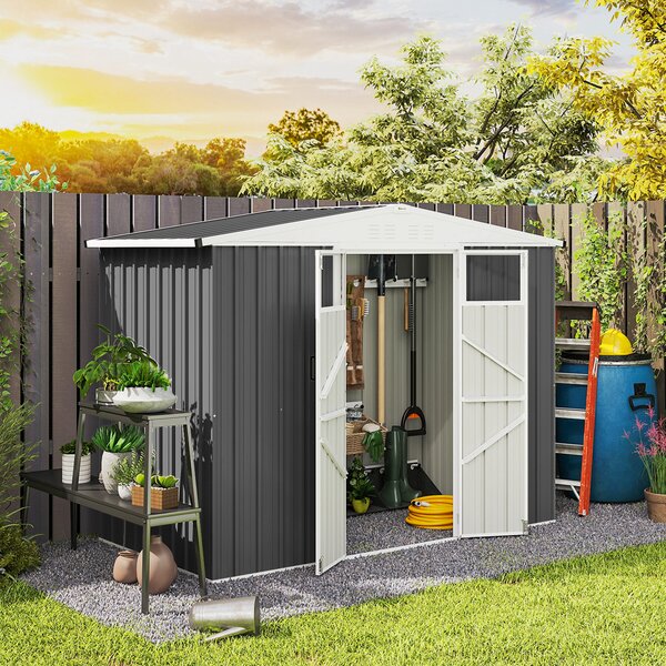 Outsunny 8 x 4 ft Metal Garden Shed, Garden Storage Shed with Window, 4 Vents and Lockable Door, Waterproof Galvanised Steel Tool Storage Shed, Dark Grey