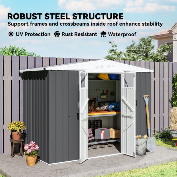 Outsunny 8 x 4 ft Metal Garden Shed, Garden Storage Shed with Window, 4 Vents and Lockable Door, Waterproof Galvanised Steel Tool Storage Shed, Dark Grey