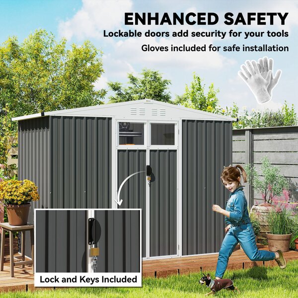 Outsunny 8 x 4 ft Metal Garden Shed, Garden Storage Shed with Window, 4 Vents and Lockable Door, Waterproof Galvanised Steel Tool Storage Shed, Dark Grey