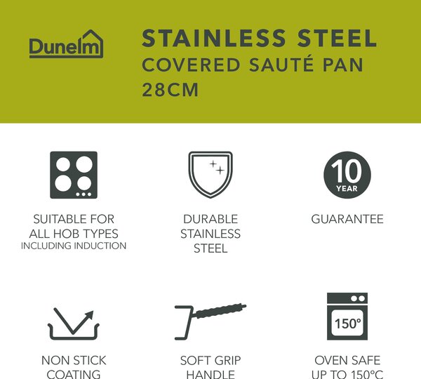 Non-Stick Stainless Steel Covered Saute Pan, 28cm