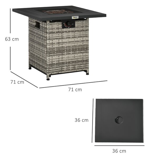 Outsunny Outdoor PE Rattan Gas Fire Pit Table, Patio Square Propane Heater with Rain Cover, Mesh Lid and Lava Stone, 40,000 BTU, Mixed Grey